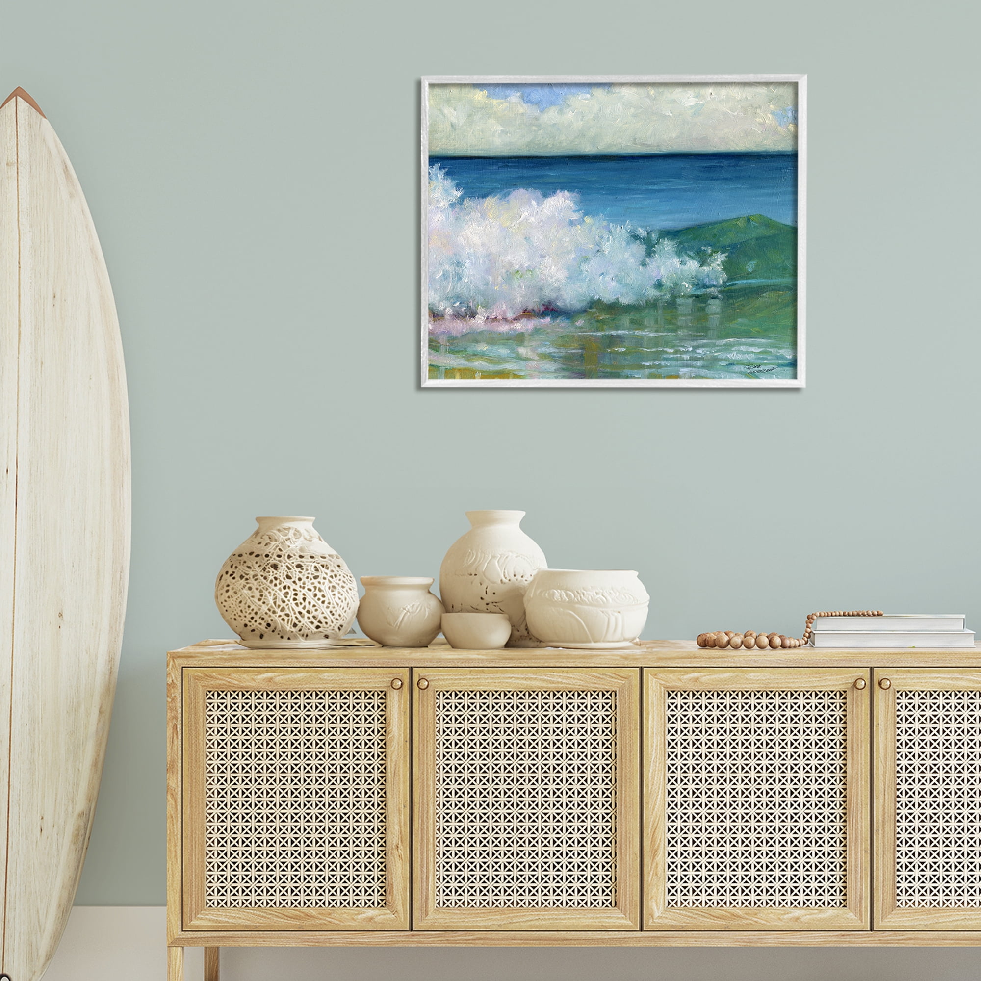 Stupell Industries Strong Splashing Wave Landscape Painting White Framed Art Print Wall Art, 30 x 24