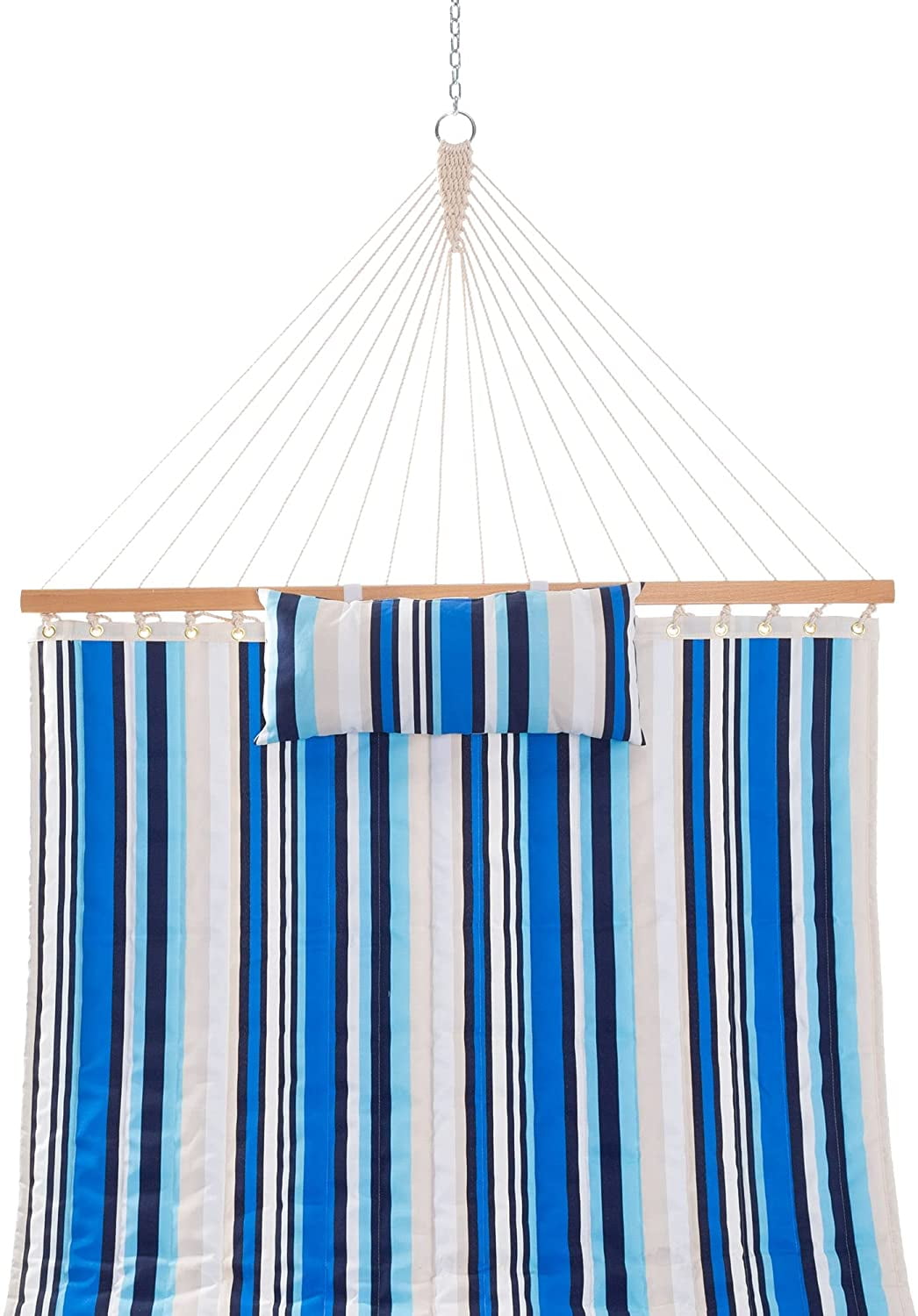 Large Double Quilted Hammock with Detachable Pillow - Blue/Beige Stripe