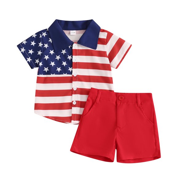 Okbabeha Kids Boys 4th of july Shorts Set,Short Sleeve Stars Stripes Print Shirt Elastic Waist Shorts fourth of July Outfit