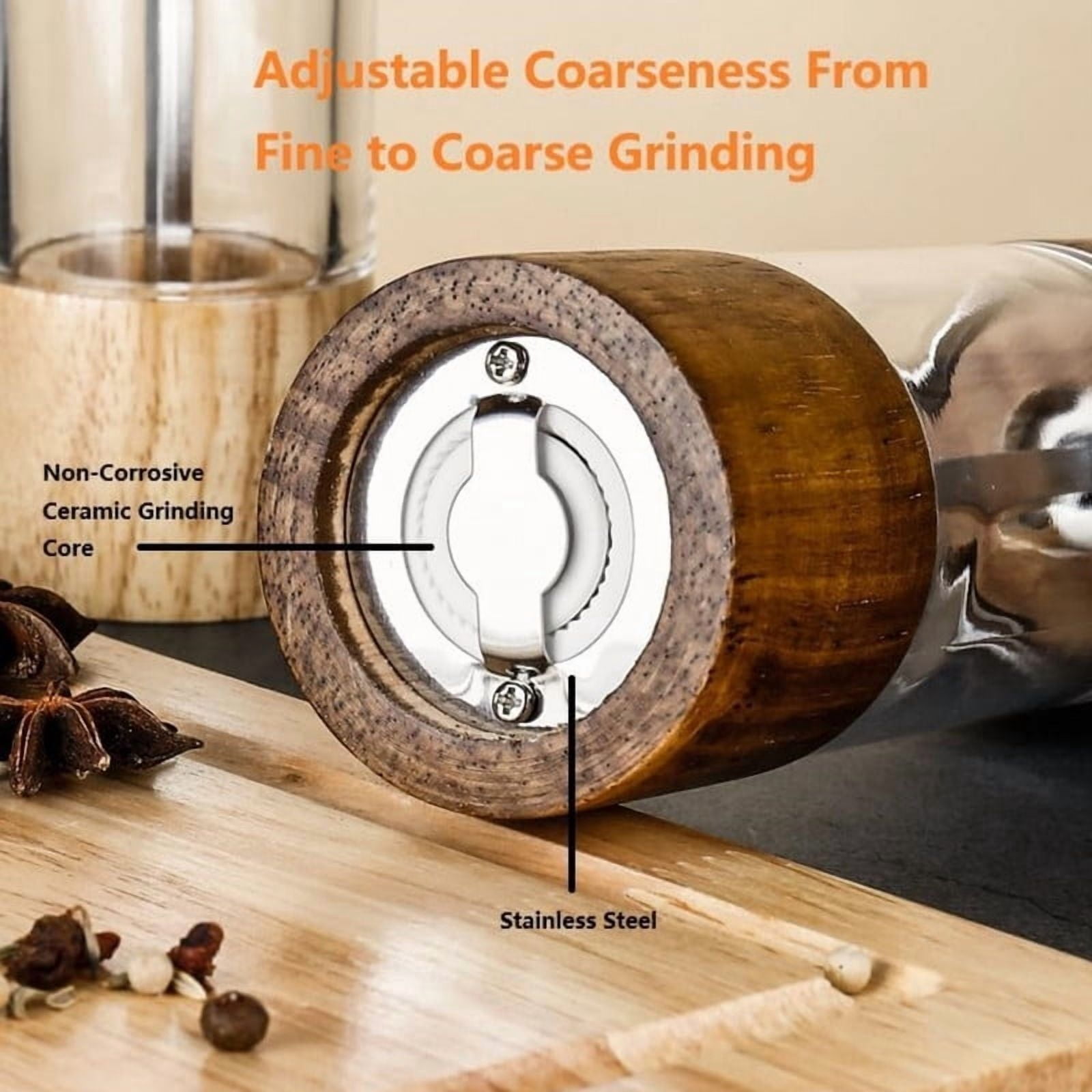 Salt and Pepper Grinder Set, 2 Pack 8 Inches Manual Acrylic Mills, Refillable Salt Shaker and Pepper Mill for Kitchen, Wooden Design