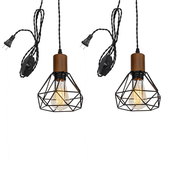 KAYYELAMP Set of Two 19.6 Feet Dimmable Switch Plug in Cable Log Base Black Hollowing Shade Retro Design Metal Hanging Lamp for Kitchen Bar Bedsides(No Bulb)