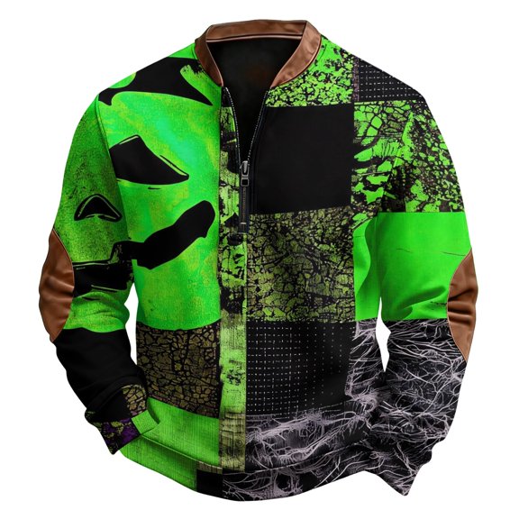 YNGKMEA Pumpkin Face Pattern Mens Sweatshirt Halloween Holiday Half Zip Pullover Top Night Club Loungewear Spooky Horror Print Shirt Green L