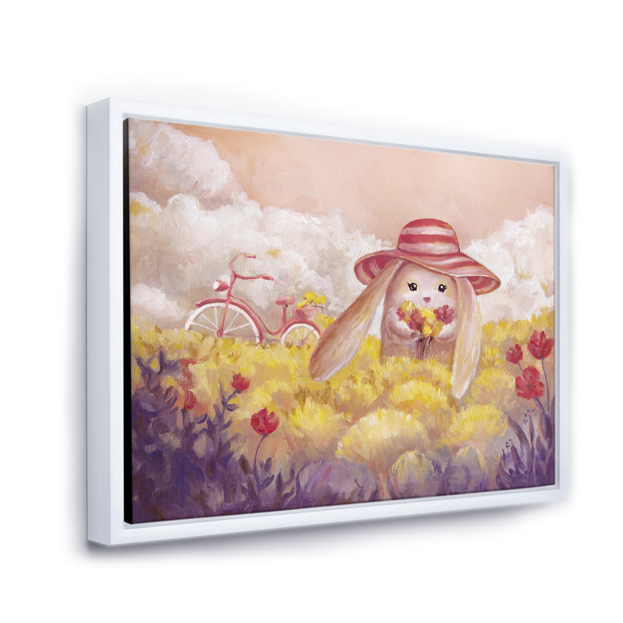 Little Bunny With Yellow Flowers 32 in x 24 in Framed Painting Canvas Art Print, by Designart