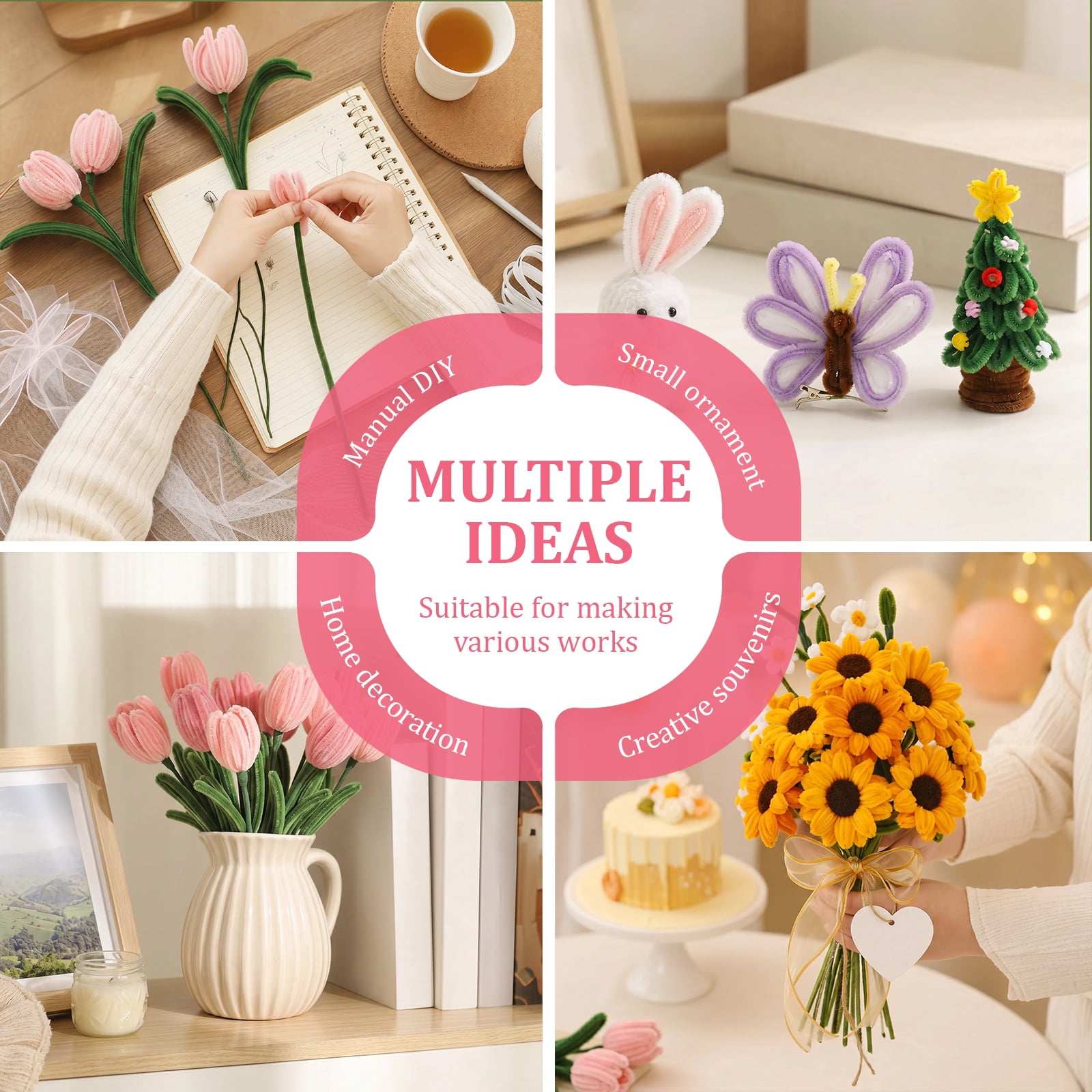 800Pcs Pipe Cleaners, 13 Color Chenille Stem with 50 Stem Glue Stick Floral Tape Stamen Bead Ribbon Wrapping Paper and Tutorial Handmade Bouquet Making Supplies for Beginner