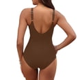 thumbnail image 3 of Women Tummy Control One Piece Swimsuit Ruched V Neck Push Up Bathing Suit Full Coverage Slimming Swimwear Coffee 2XL, 3 of 3