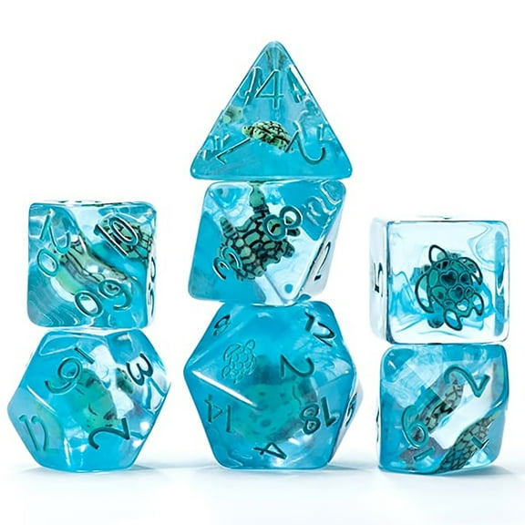 Gate Keeper Games and Dice: Inclusion Dice: Sea Turtle - 7pc RPG Set, Small Sea Turtle in Light Blue & Clear Swirl Resin, Dice for Role Playing Games