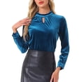 thumbnail image 1 of Blusa elegante casual de terciopelo para mujer con cuello alto y mangas largas en azul pavo real, 1 of 5