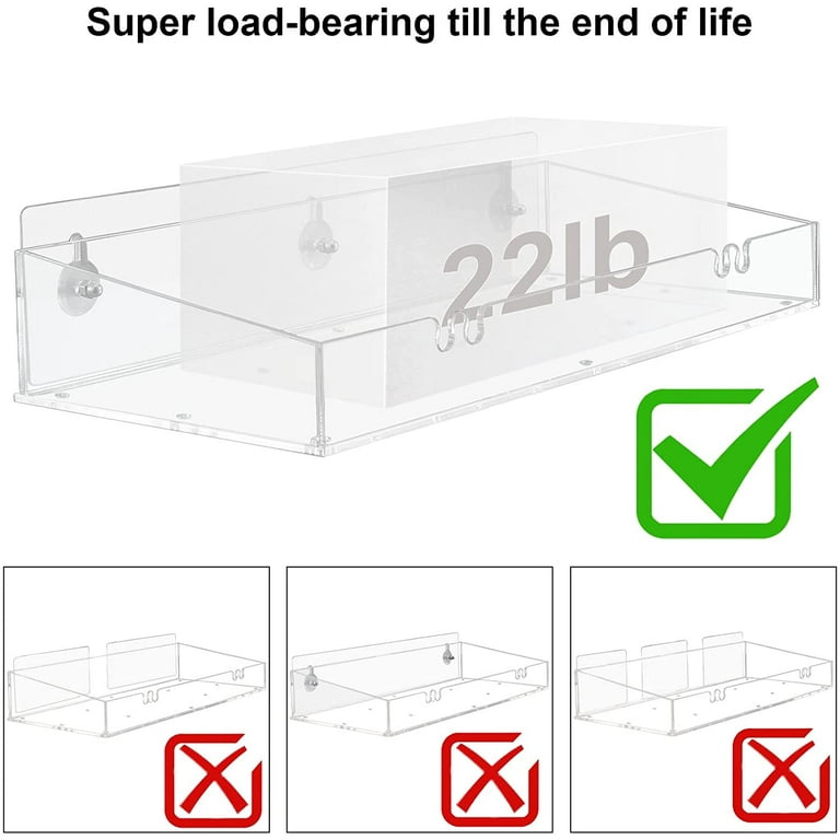 XQIGI Acrylic Shelves Bathroom 2 Pack Clear Shower Floating Shelf with  Hooks Transparent Wall Mounted No