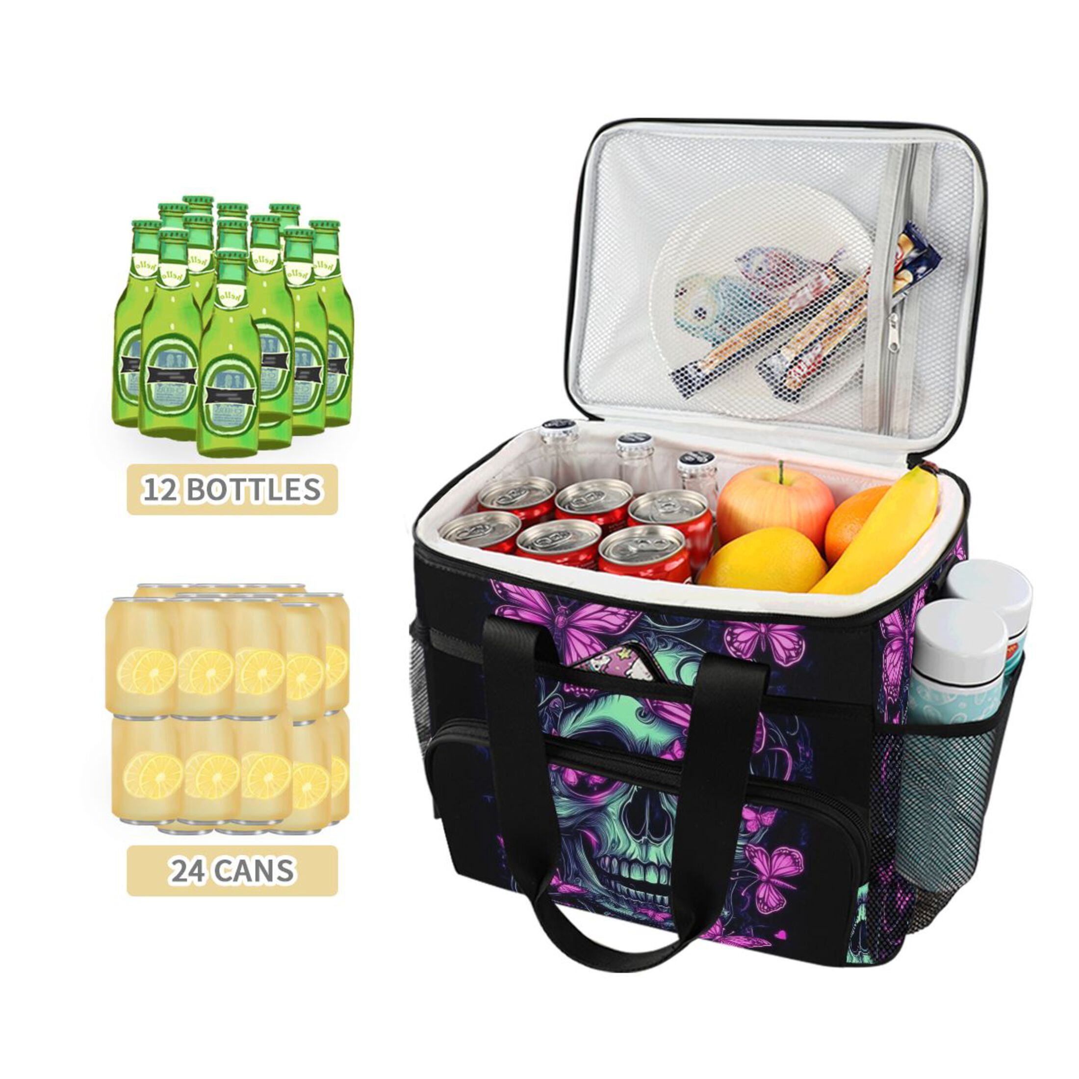 Purple Skull Butterfly Insulated Lunch Bag 15L Cooler Box for Women Men Work Camping Beach Travel