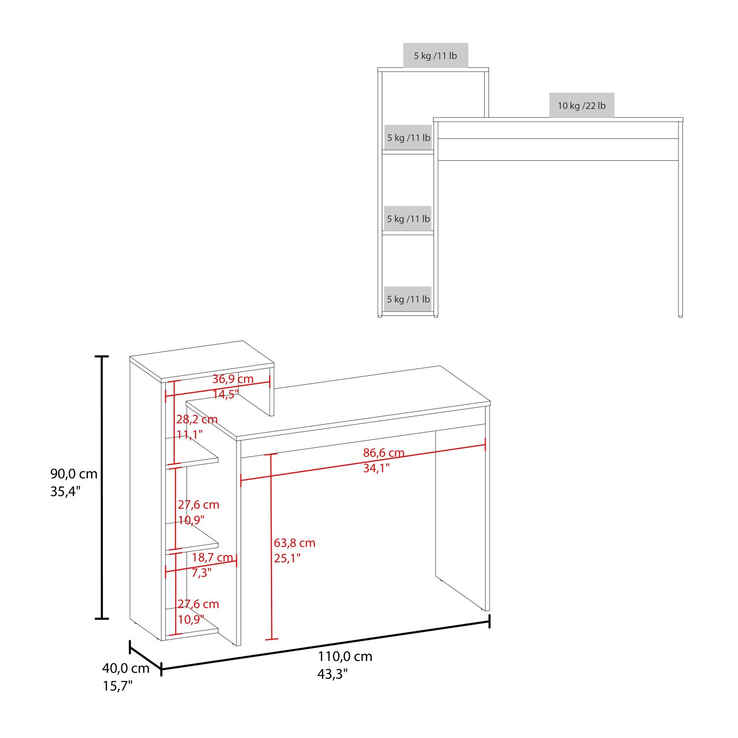 Computer Desk with Four Shelves, 43.3 in Wide Writing Desk for Home Office, Study, and Gaming, Freestanding Rectangular Workstation