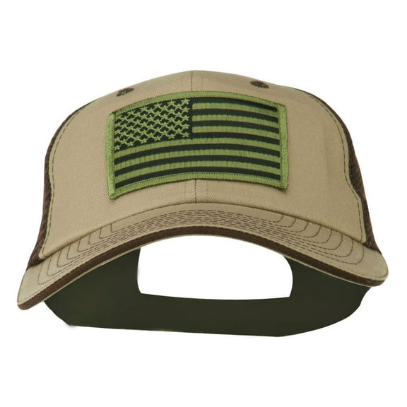 Subdued American Flag Patched Big Size Washed Mesh Cap - Brown Beige XL-3XL
