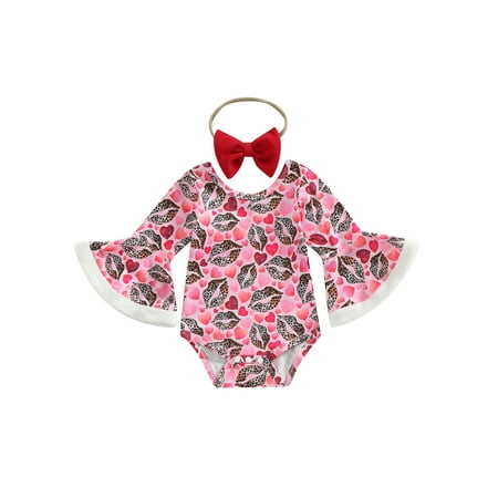 

Ma&Baby Newborn Baby Girls Valentine s Day Bodysuit Hearts Lips Print Long Sleeve Jumpsuit Rompers