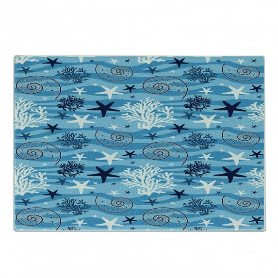 Seashells Cutting Board, Nautical Underwater Universe Design of All Creatures Scallop Motif Illustration, Decorative Tempered Glass Cutting and Serving Board, Small Size, Blue White, by Ambesonne
