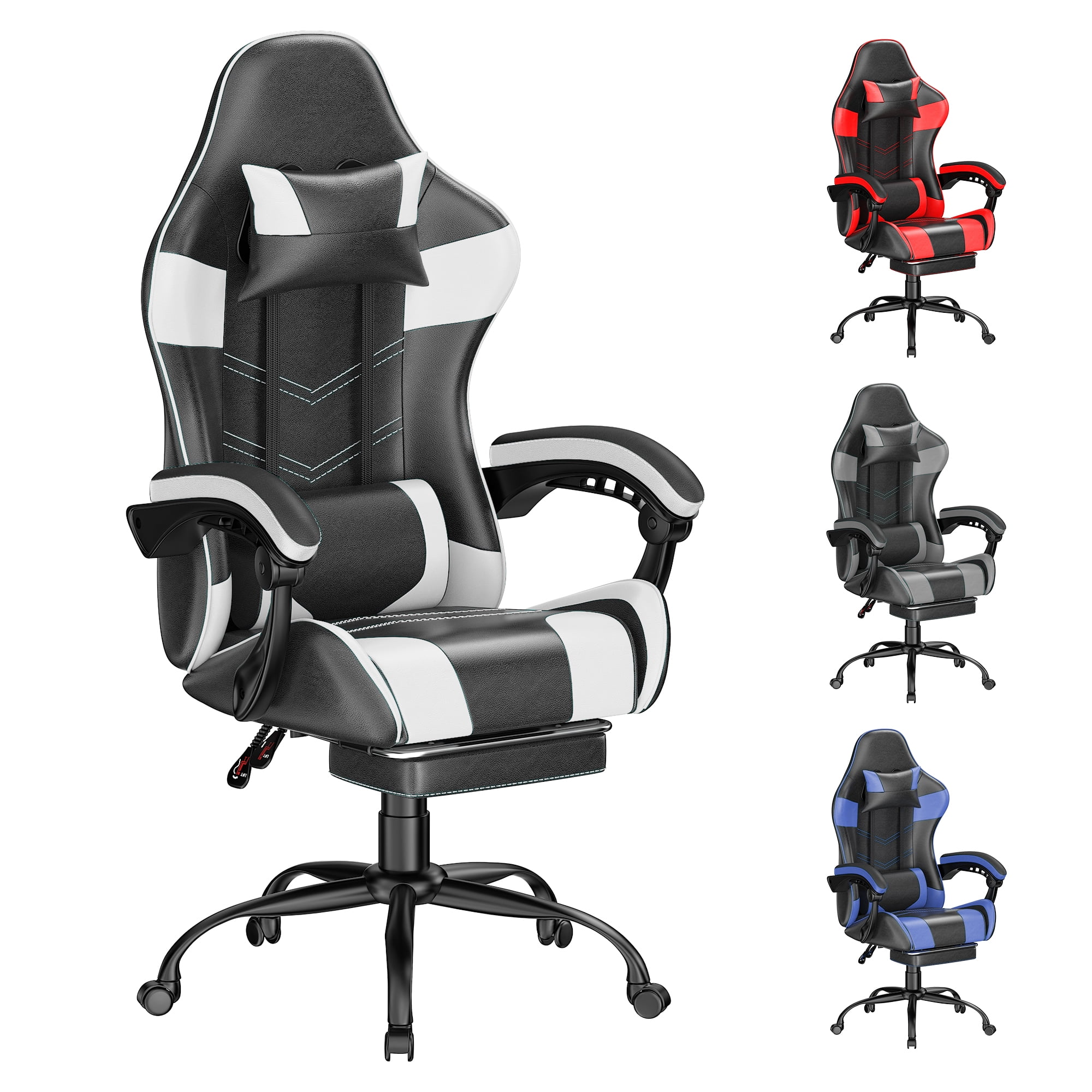 Frovlni Ergonomic Gaming Chair with Footrest for Adults, Height Adjustable High Back Reclining PU Leather Office Chair with Headrest and Lumbar Support, Black & White