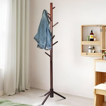 Wooden Coat Rack Freestanding - Heavy Duty 8-Hook Coat Tree with 3 Adjustable Heights for Entryway, Hallway, Bedroom, Office, Dorm | Closet Organizer & Clothes Rack, Space-Saving Design
