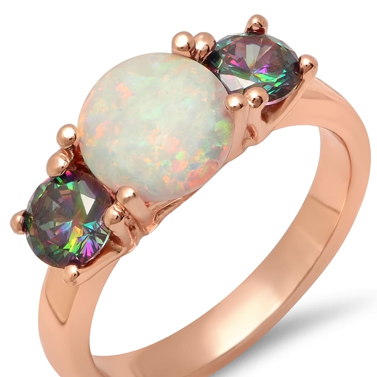 Ladies Rose Gold Tone Brass Rainbow Cubic Zirconia and Opal Engagement Ring