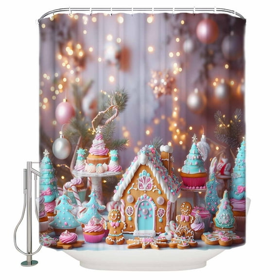 Candy Gingerbread Shower Curtain, 48" x 72", Christmas Tree Light Ball Cute Fantasy Waterproof Bathroom Curtain Washable Shower Curtain Set with 12 Hooks