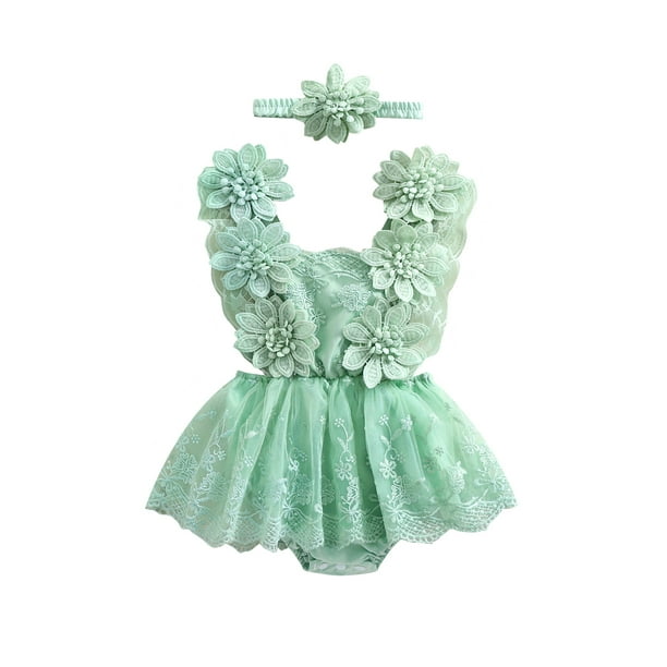 Conjunto de verano para bebé niña, pelele de malla con bordado floral y diadema con lazo, 2 piezas.