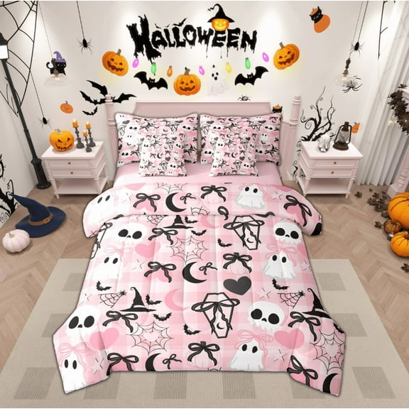 Manfei Kawaii Halloween Ghost 7-Piece Twin Bedding Sets,Black Bowtie Ribbon Bedding Comforter Set,Horror Skeleton Spider Webs Sheet Sets For Girls Boys,Super Cozy Room Decor Reversible