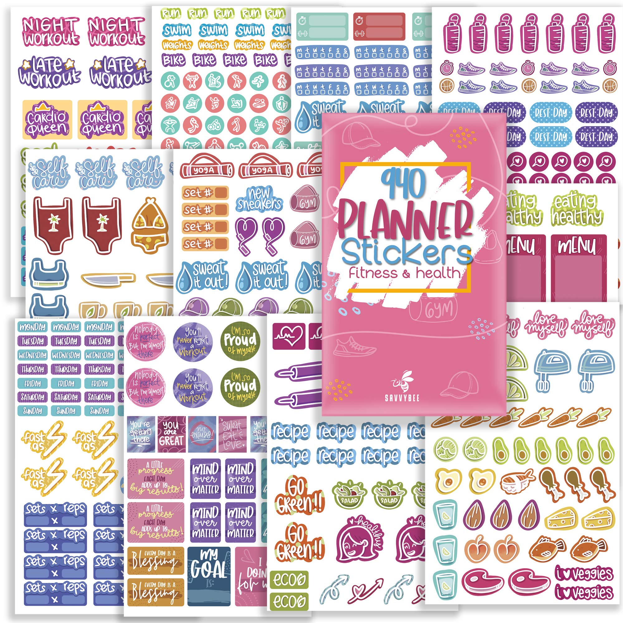 Savvy Bee Planner Fitness Planner Stickers Value Pack of 940 Workout Stickers for Planners and Journals Health, Exercise, Weight Tracking and Meal