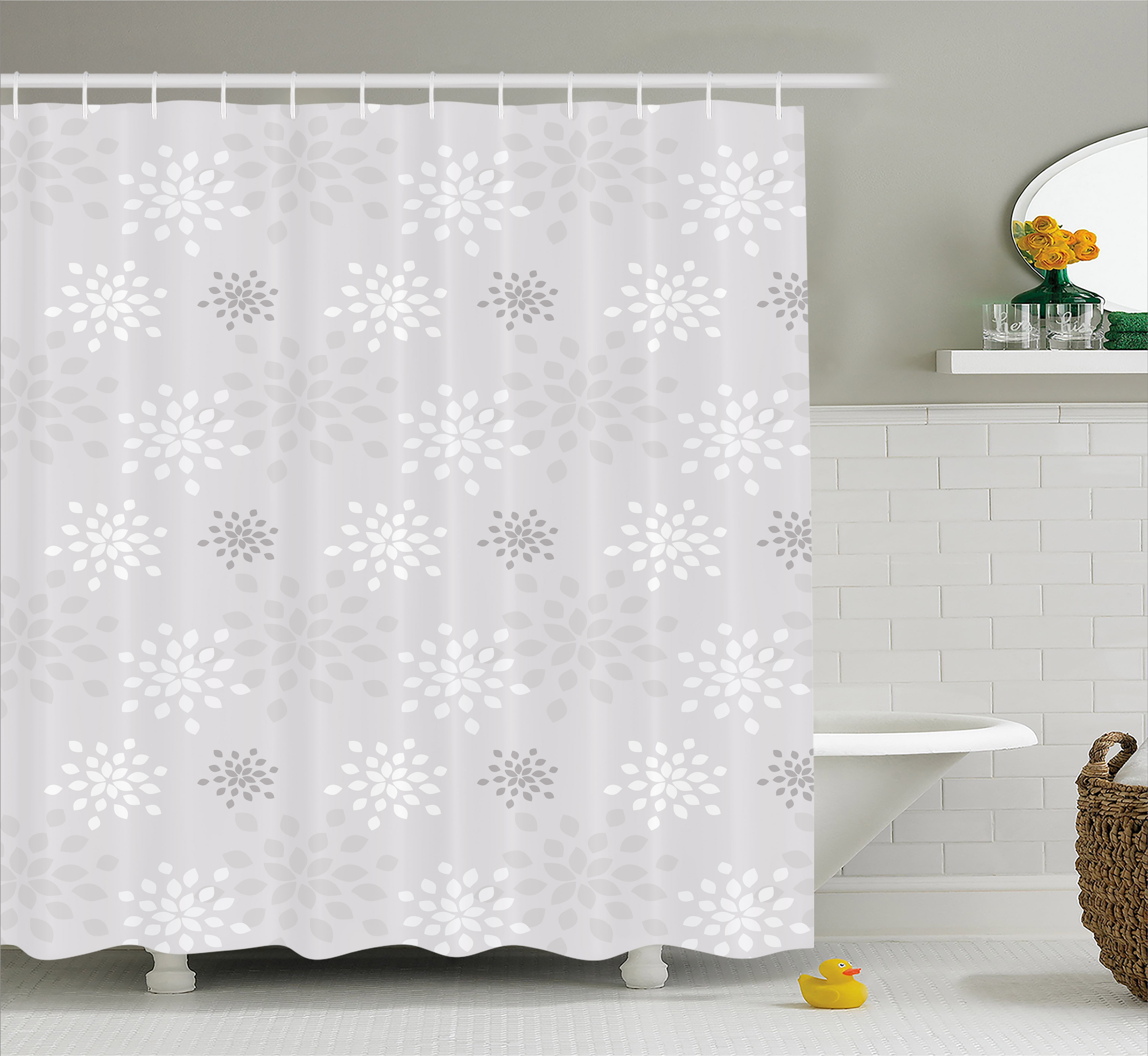 Grey and White Shower Curtain, Shabby Chic Simplistic Flourishing