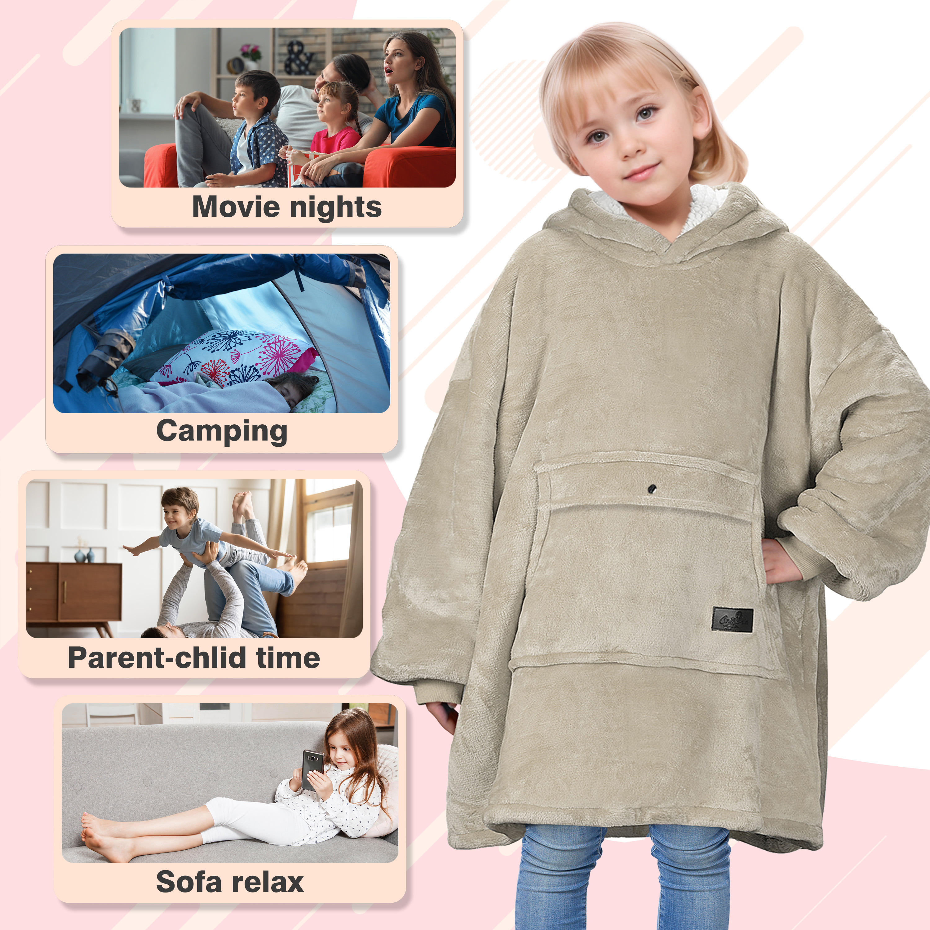 Catalonia Blanket Hoodie for Kids, Oversized Wearable Fleece Sweatshirt Pullover for 7-16 yr Teens Youth, Kids Gift Idea, Latte