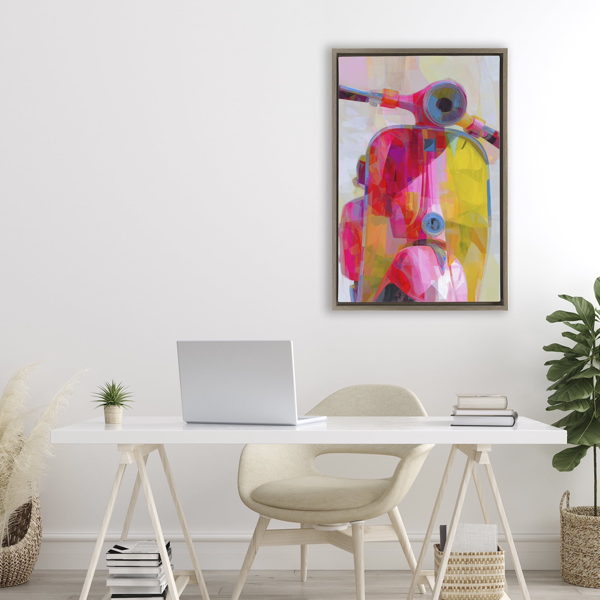 Stupell Industries Vespa in Pink & Yellow Brown Framed Floater Canvas Wall Art, design by Chromatic Storm Studio