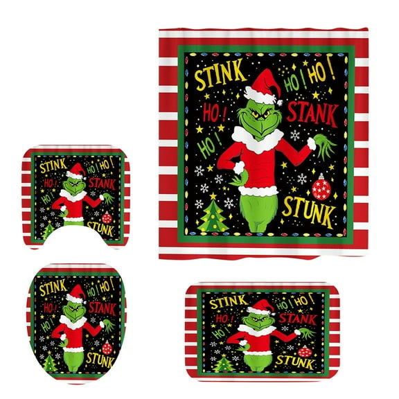 Christmas Theme Shower Curtain Decoration Set, Bathroom Non-Slip Rug, Toilet Lid Cover, Bathroom Rug And Bath Curtains Set Of 4 Pieces