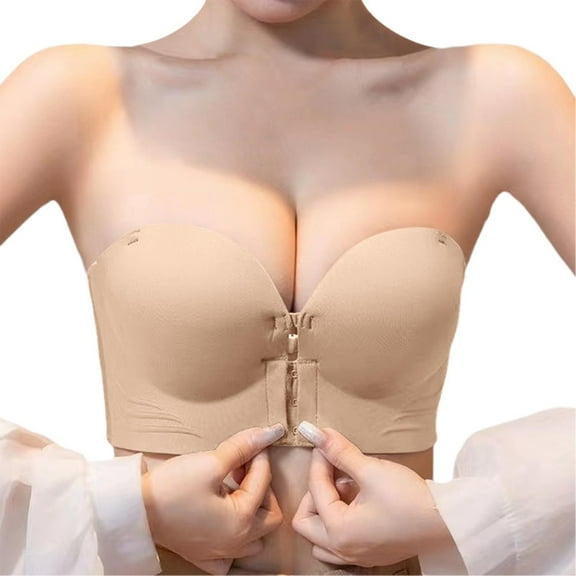 Gyexs Women's Front Closure Bra with Non- and Strapless Design Front Closure Womens Seamless Comfortable Bandeau Pushup Bra #Beige