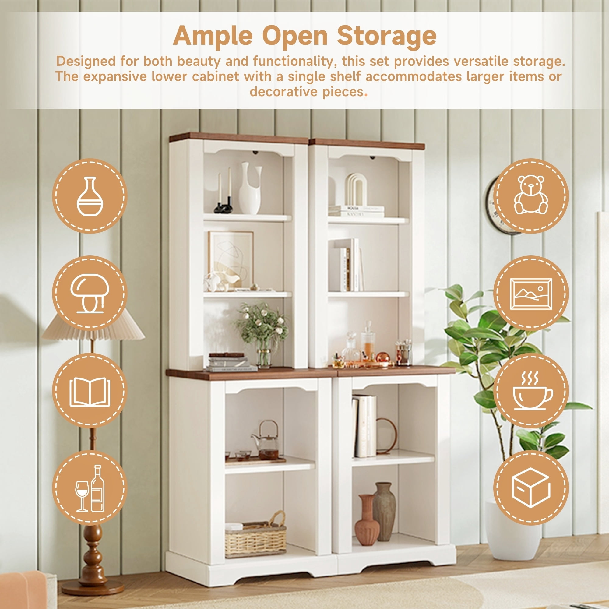Homy Casa 66 Inch 2 Piece Storage Cabinet Set with Open Shelves and Walnut Top for Living Room White