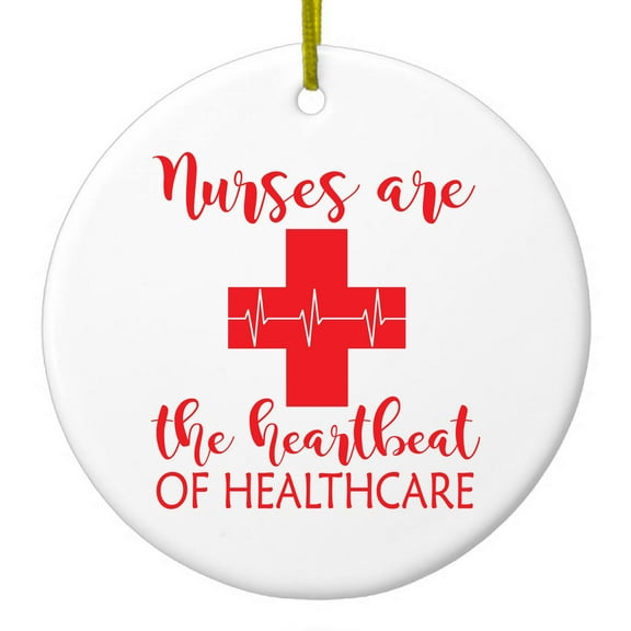 DistinctInk Hanging Ceramic Christmas Ornament - Nurses Are The Heartbeat of Healthcare - Gold String, 2-3/4 inch Diameter