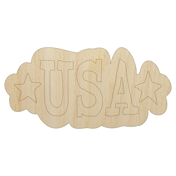 USA with Stars Patriotic Fun Text Wood Shape Unfinished Piece Cutout Craft DIY Projects - 4.70 Inch Size - 1/8 Inch Thick