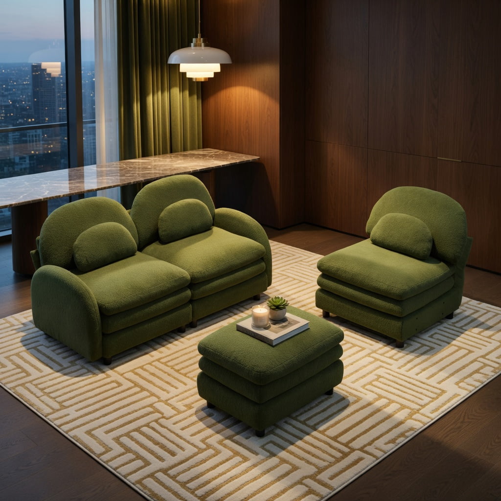 Hommoo Teddy Fleece 3-Seat Modular Sofa Set with Curved Backrest, Movable Ottoman & Lumbar Pillows, Cloud-Like Comfort Couch, Green