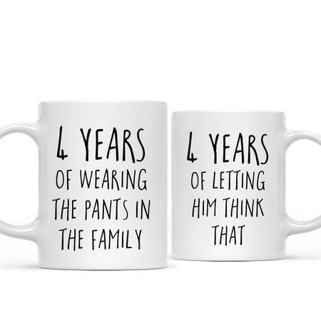 

Koyal Wholesale 4th Wedding Anniversary Coffee Mug 4 Years of Wearing the Pants in the Family Letting Him Think 2-Pk