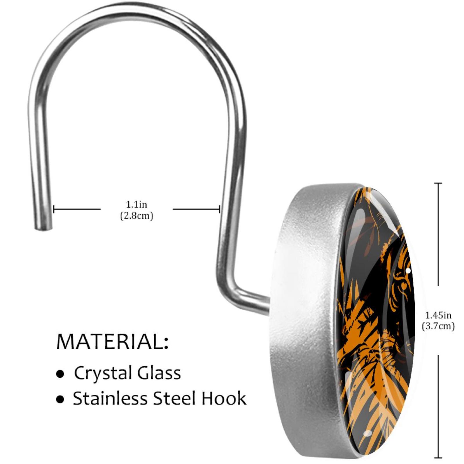 Tiger Tropical Leave Silhouette Shower Curtain Hooks Round Crystal Glass, Set of 12 Shower Curtain Rings - Shower Hooks for Curtain Shower Rings