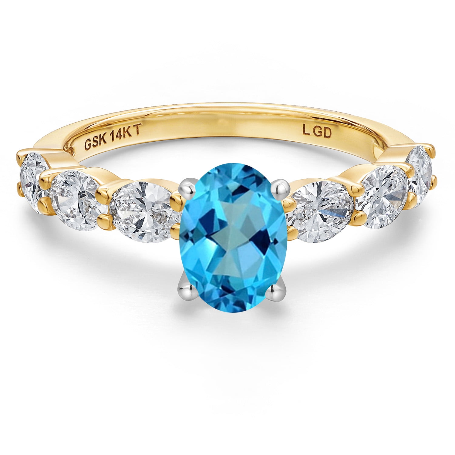 Gem Stone King 14K Two Tone Gold American Blue Mystic Topaz and Lab Grown Diamond Engagement Ring for Women | 1.90 Cttw | Oval 7X5MM | Gemstone November Birthstone | Size 8