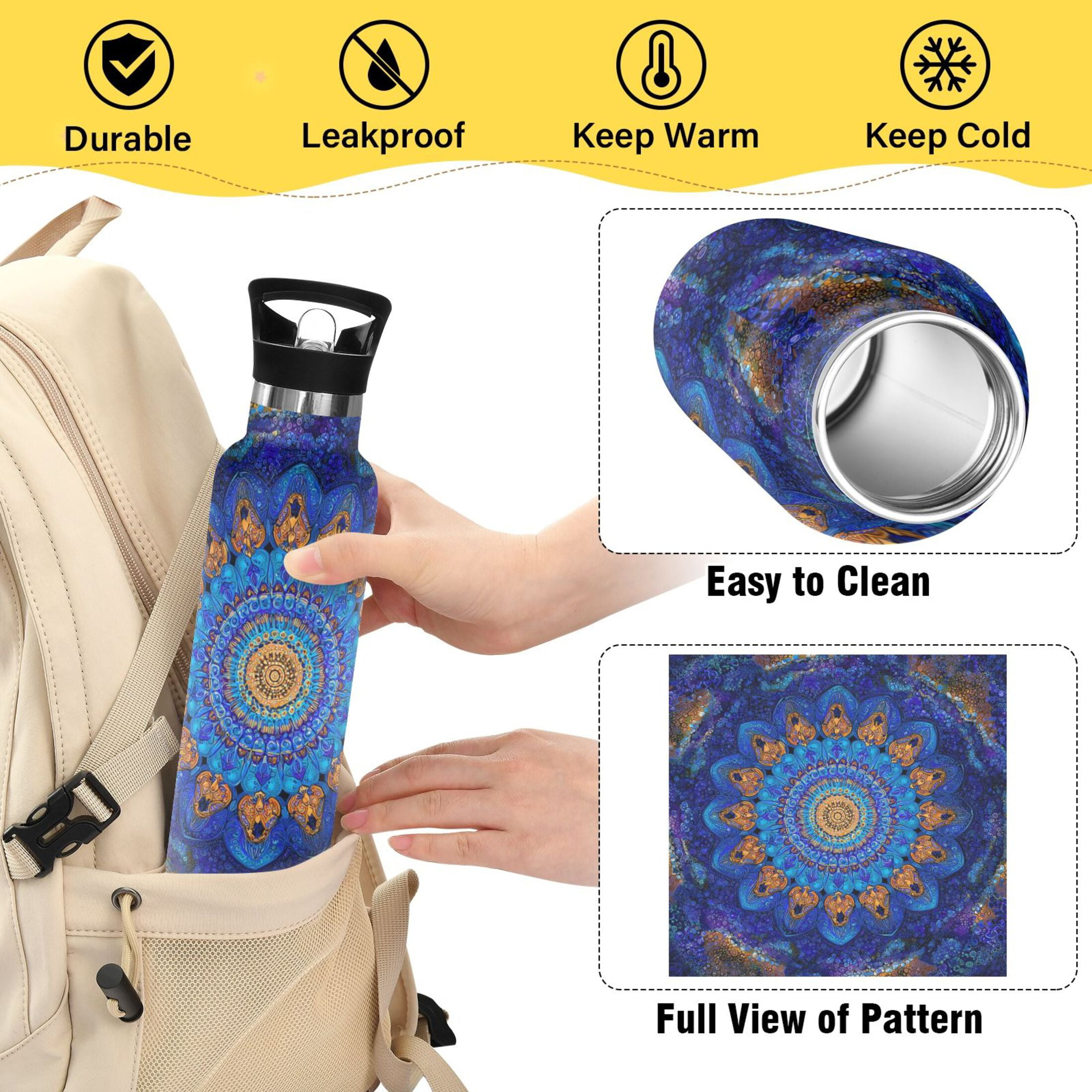 Kids Insulated Stainless Steel Sports Water Bottle 600ml (20oz) Blue Kaleidoscopic Pattern