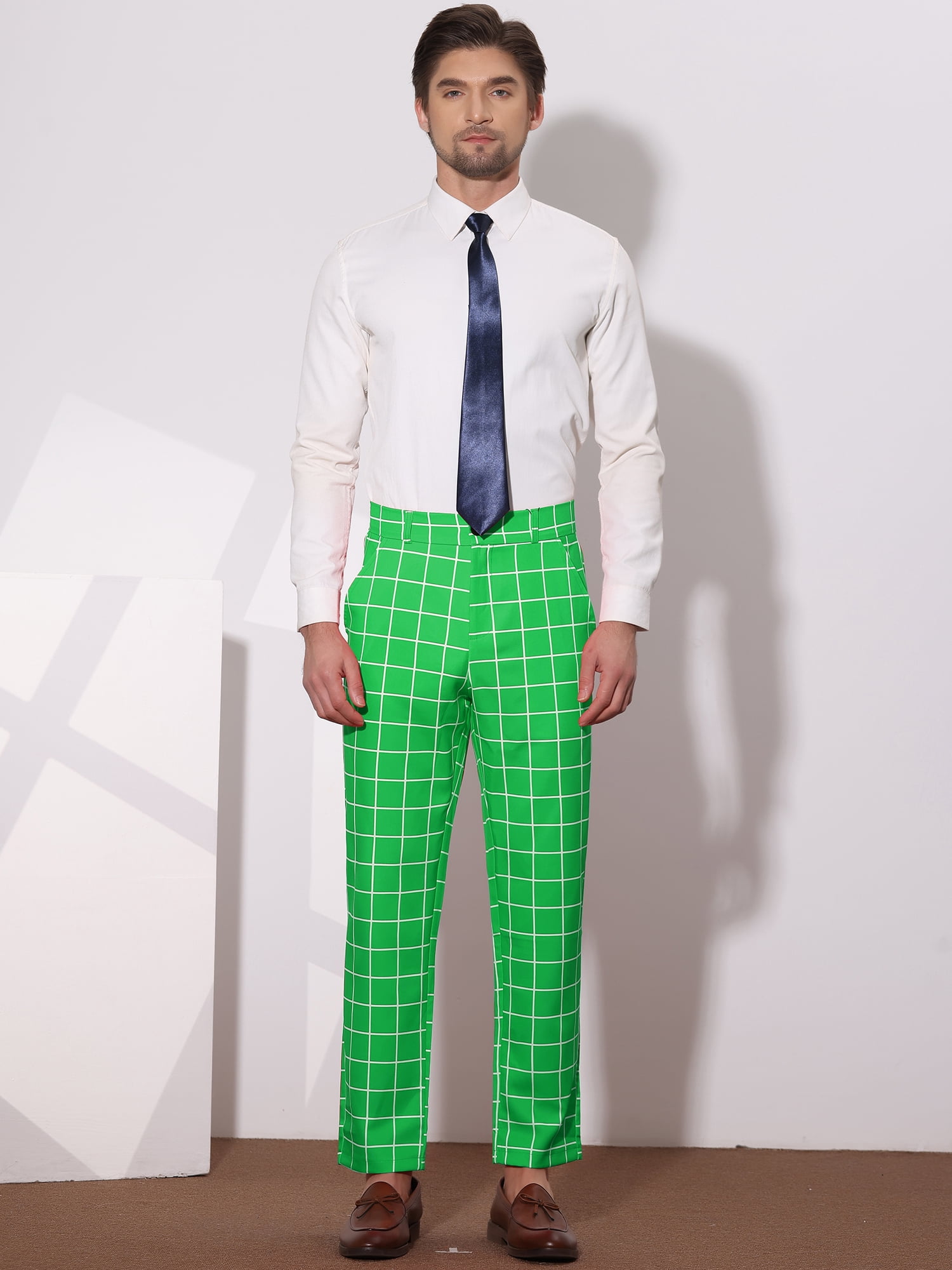 Unique Bargains Men's Plaid Printed Straight Leg Business Casual Checked Pants 30 Green White