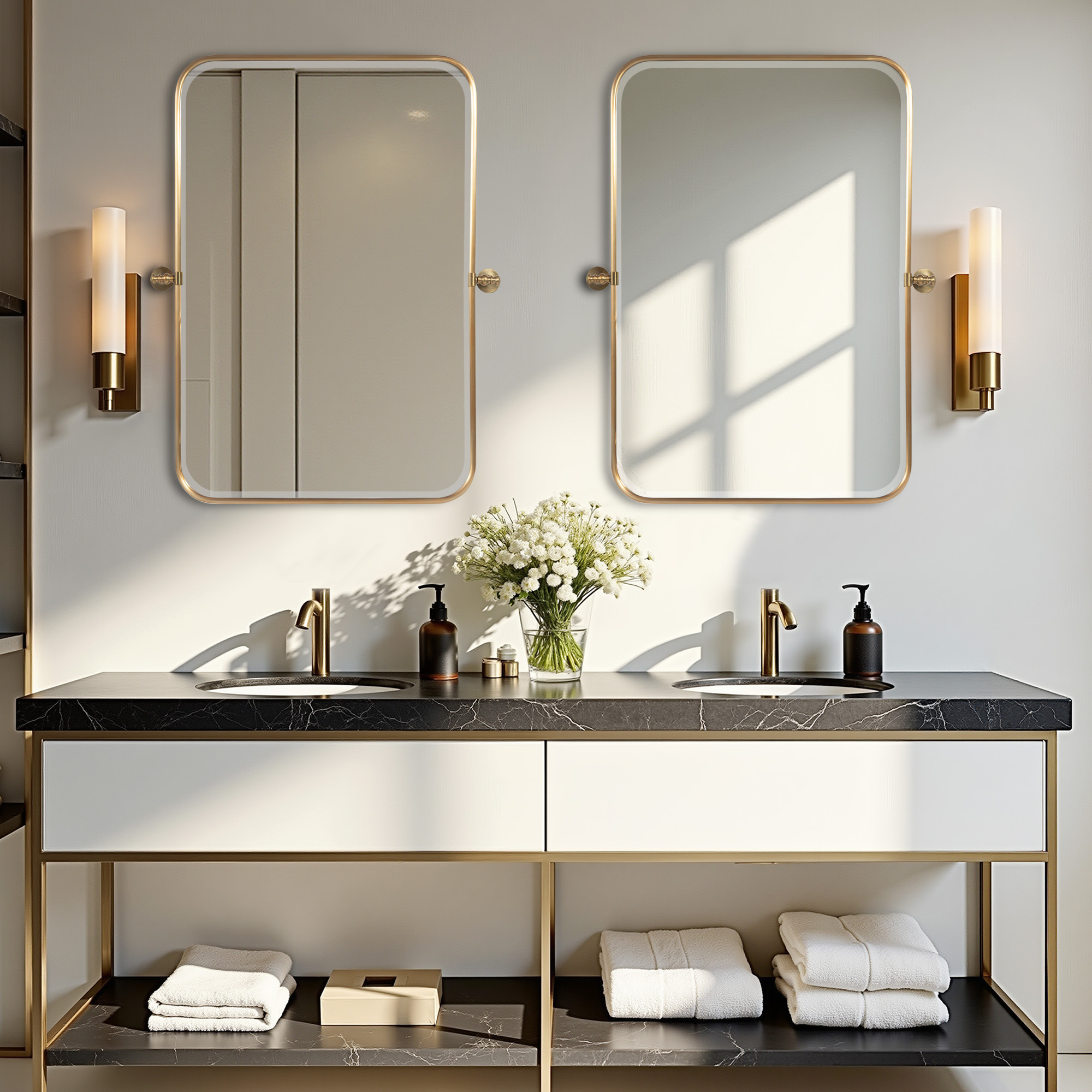 MAYEERTY 36x24 Iron Rounded Rectangle Gold Hardware Hanging Mirror