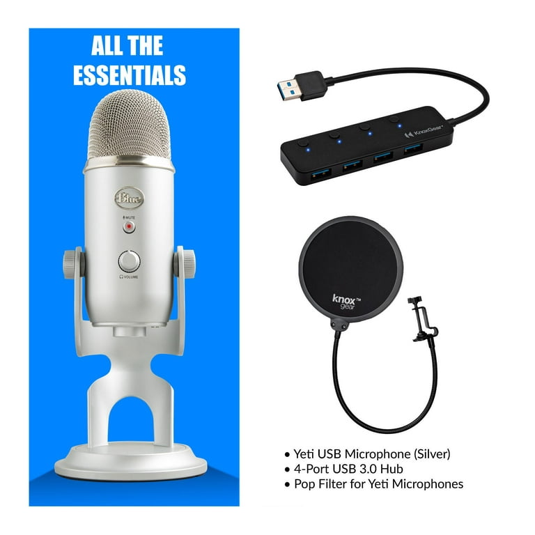 Blue Microphone Yeti USB Mic (Silver) with Knox Gear Pop Filter and USB Hub