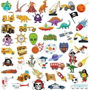 100Pieces Kids Temporary Tattoos, Solar System Outer Space Pirate Construction Zone Tractor Truck Dinosaur Shark Face Tattoo for Kids Goody Filler Birthday Party Favor Supplies