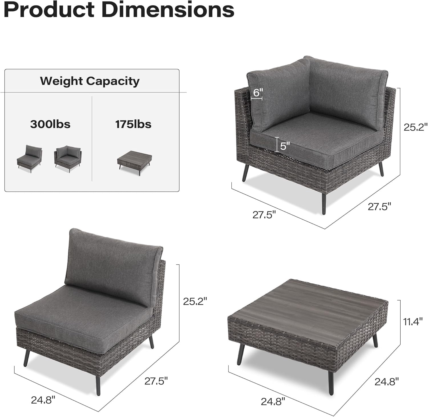 KAMEROUT 7 Pieces Outdoor Furniture Set, Patio Rattan Sectional Conversation Set with 6 Chairs and 1 Coffee Table, Gray Cushions