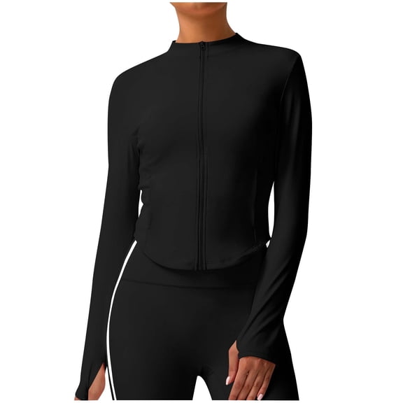 Sexlip Women's Zip Up Athletic Jackets Cropped Long Sleeve Workout Tops Fall Slim Fitted Yoga Gym Shirts Black S
