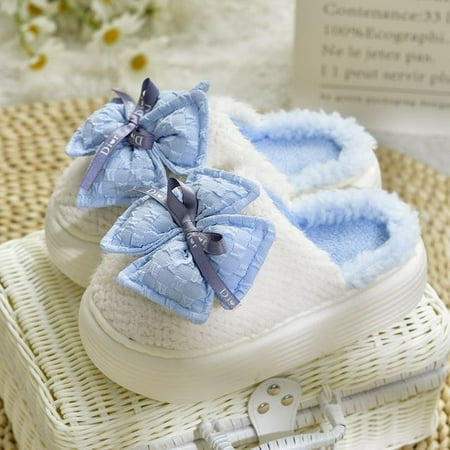

QWZNDZGR 2023 White High Heels Plaform Slippers Women Girls Sweet Bowknot House Shoes Woman Fluffy Slippers Female Winter Home Mule Shoes