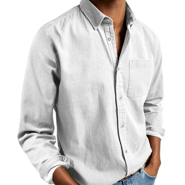 Camisa informal de manga larga con botones y color liso para hombre: prenda cómoda y moderna para el trabajo o las vacaciones, de poliéster y algodón, tallas S-XXXL.