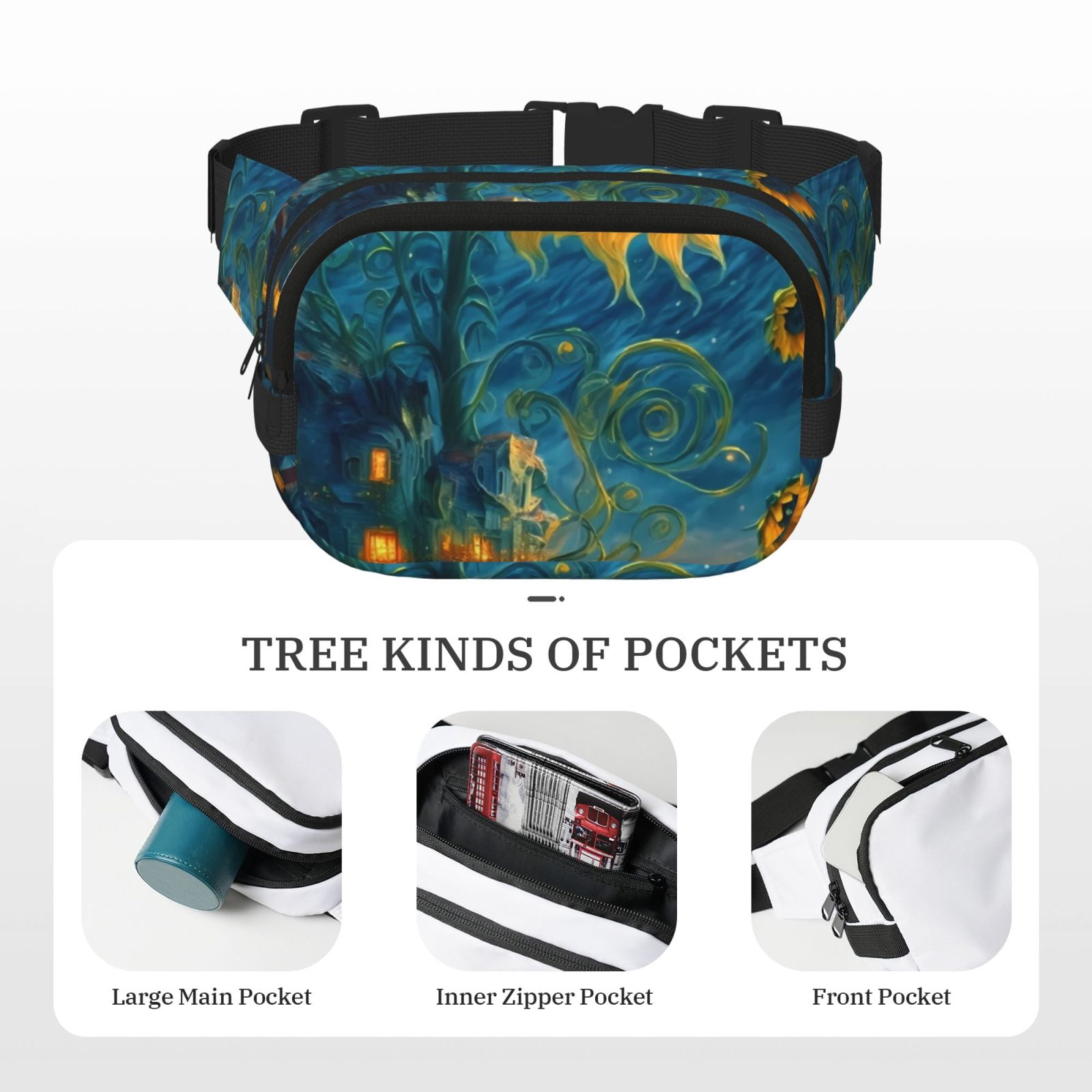 Picia Sunflower Castle Starry Sky Print Square Double-Layer Waist Bag Mini Adjustable Waist Belt Bag Exercise Running Travel Hiking