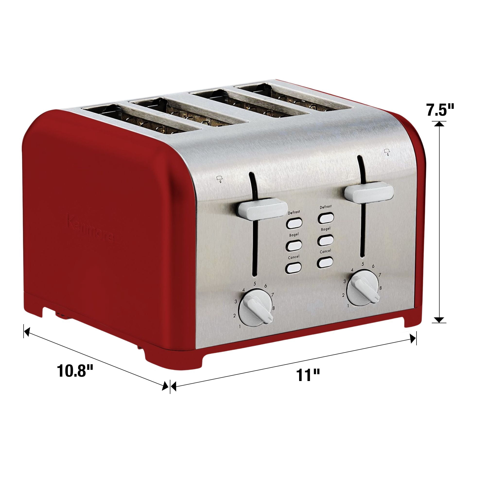 Kenmore 4-Slice Stainless Steel Toaster, Dual Controls, Extra Wide Slots, 9 Browning Levels- Red & Silver