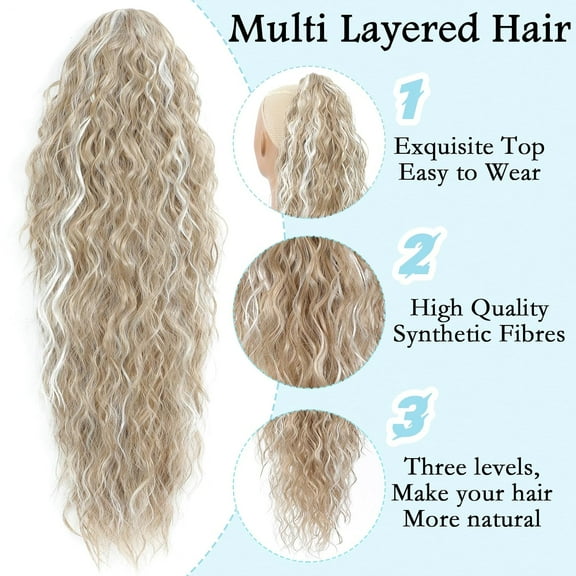 WEIF-Ponytail Extension, Claw Clip on Pony tails Hair Extension for Women 28 Inch Long Wavy Curly Fake Ponytail Clip in Hair Pieces for Women Fluffy Natural Looking (Blonde with white Highlights)