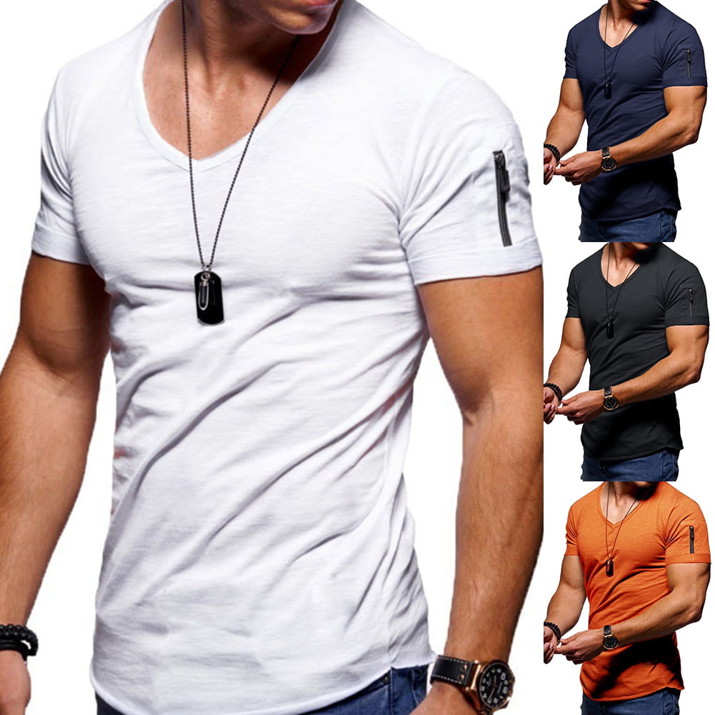 T Shirts for Men V Neck Short Sleeve Casual Slim Fit T-Shirt Basic Solid Hipster Muscle Tee Shirt Top with Pocket 