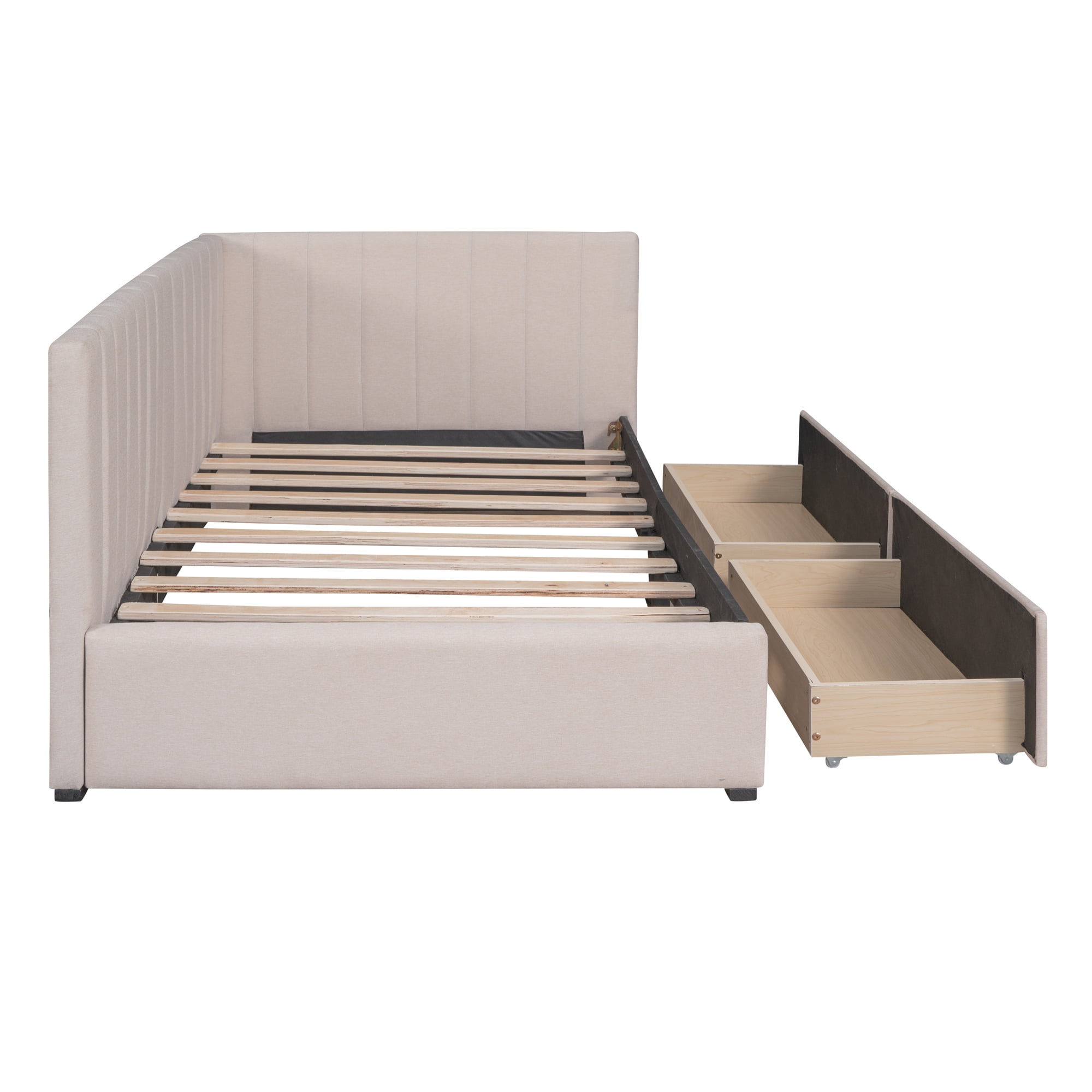 Clipeyh Classic Wood+Linen Upholstered Twin Size Daybed with 2 Storage Drawers Beige